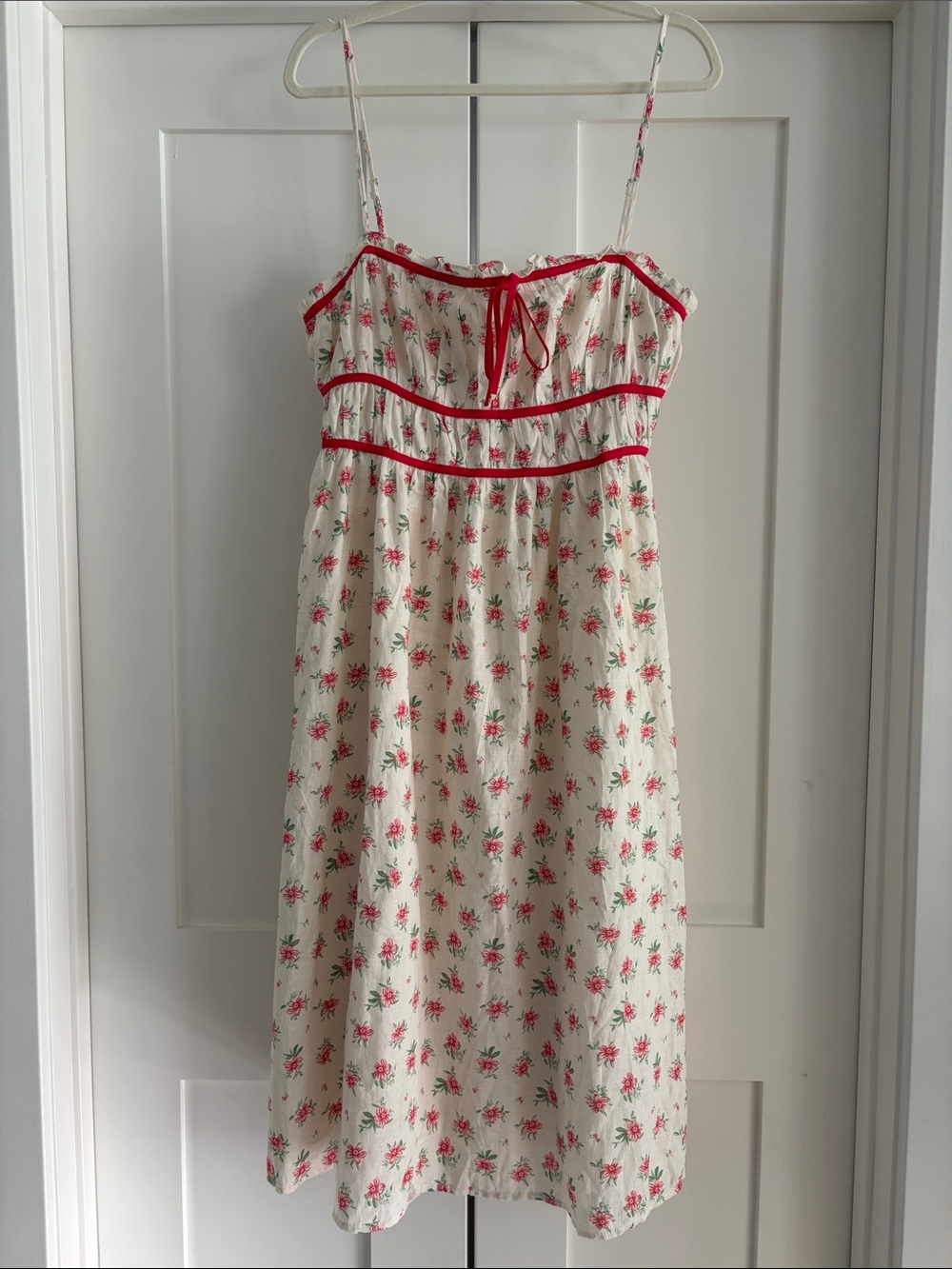 Storia Cream Floral Peasant Milkmaid Romantic Sundress with Pink Trim, Large